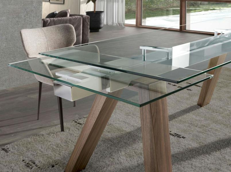 Angel Cerdá Rectangular tempered glass and walnut extending dining table 1123