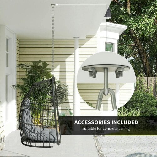 Bobobiy Hanging Egg Chair, Foldable Rattan Garden Swing Chair with Installation Kit, Thickened Cushion and Headrest, Dark Grey