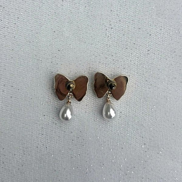 Pearl Drop Earrings, Bow Back View, Gold Bow Earrings With Pearl Drop, Stud Back Detail, Elegant Bridal Earrings, Feminine Gift Jewellery, Classic Gold And Pearl Studs

