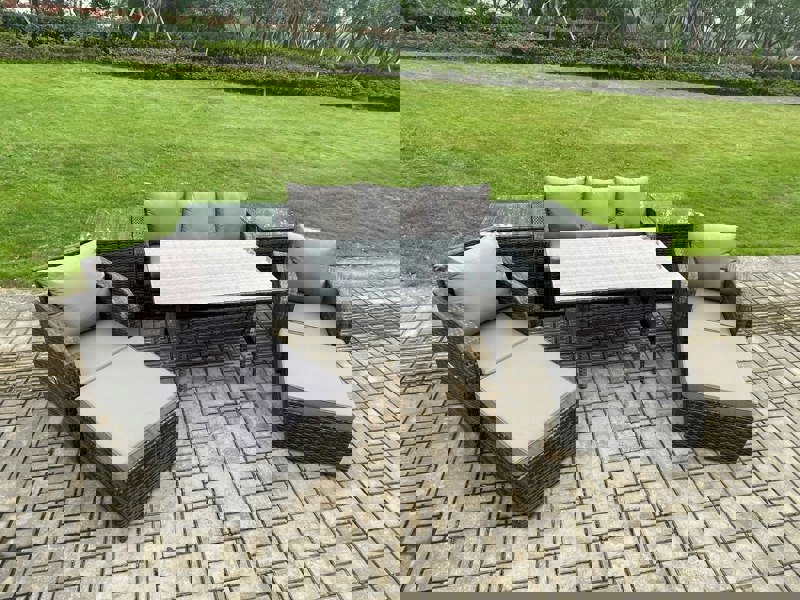 Fimous Rattan Outdoor Garden Furniture Set Rectangular Dining Table and Chair Sofa Set With 2 Side Tables 2 Big Footstool 7 Seater Dark Grey Mixed