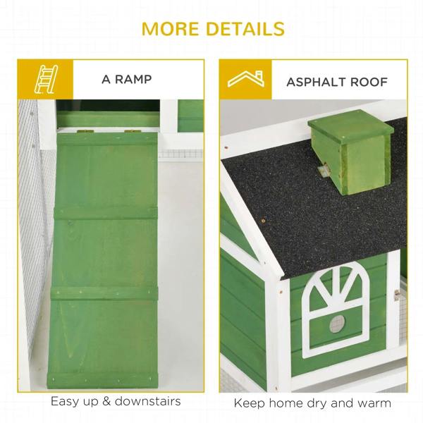 Green and white rabbit hutch detail view with ramp and roof edge