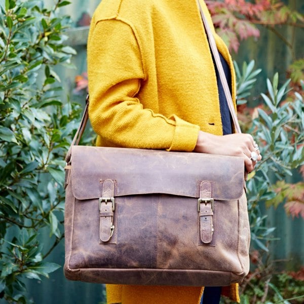 Paper High Brown Buffalo Leather Satchel Style Messenger Bag
