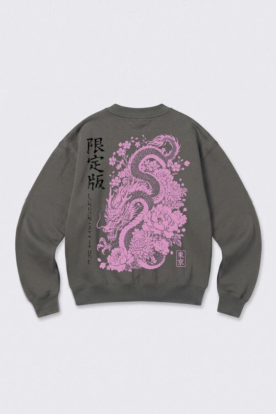 London Attitude Oversized Heavyweight Japanese Dragon & Floral Graphic Sweatshirt