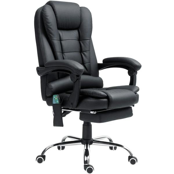 Black padded office chair with armrests, swivel base and caster wheels, reclining back