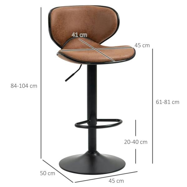 Brown adjustable armless bar stool with curved back, swivel seat, and black base
