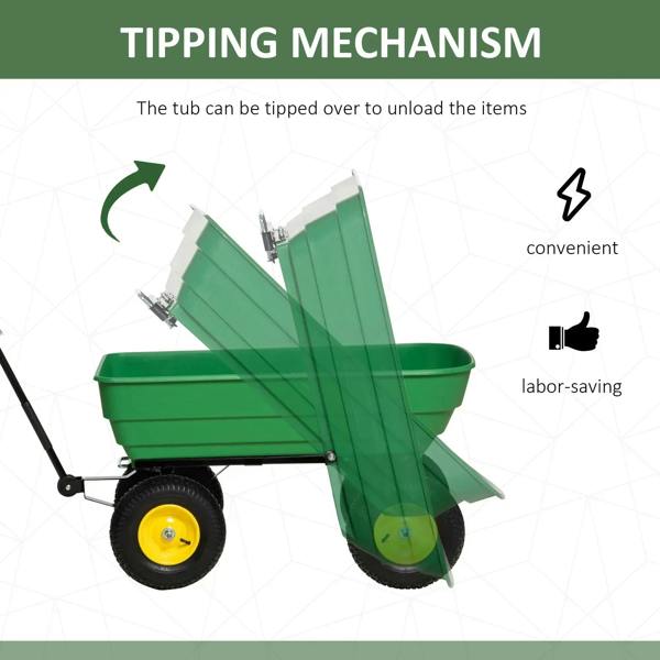 Green tipping garden cart with raised dump tub and four yellow wheels