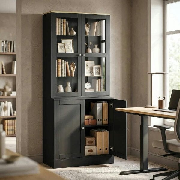 Modern Bookcase Display Storage Unit with Glass Doors Adjustable Shelves, Black - Black