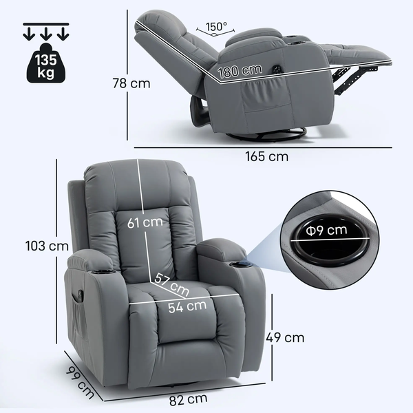 Massage Recliner Armchair, PU Leather Recliner Chair, Grey