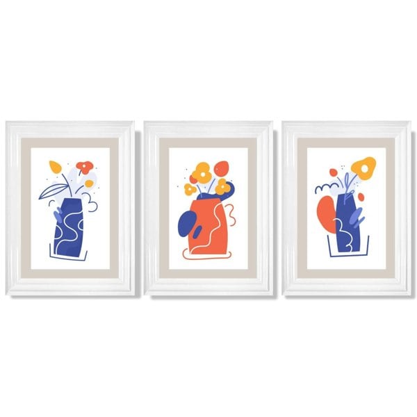 Boho Minimal Floral Blue Orange Set of 3 Framed Art Prints with Glossy White Frames