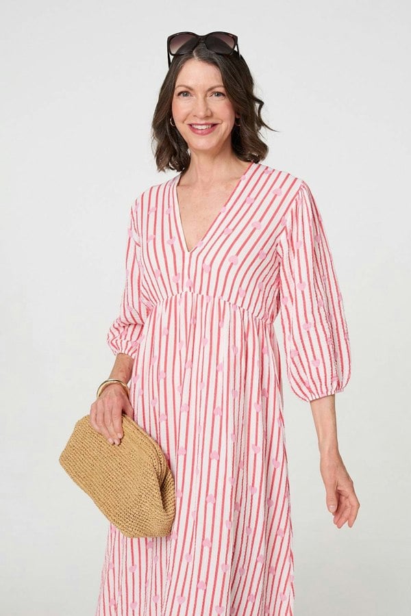 Red | Striped Empire 3/4 Sleeve Maxi Dress
