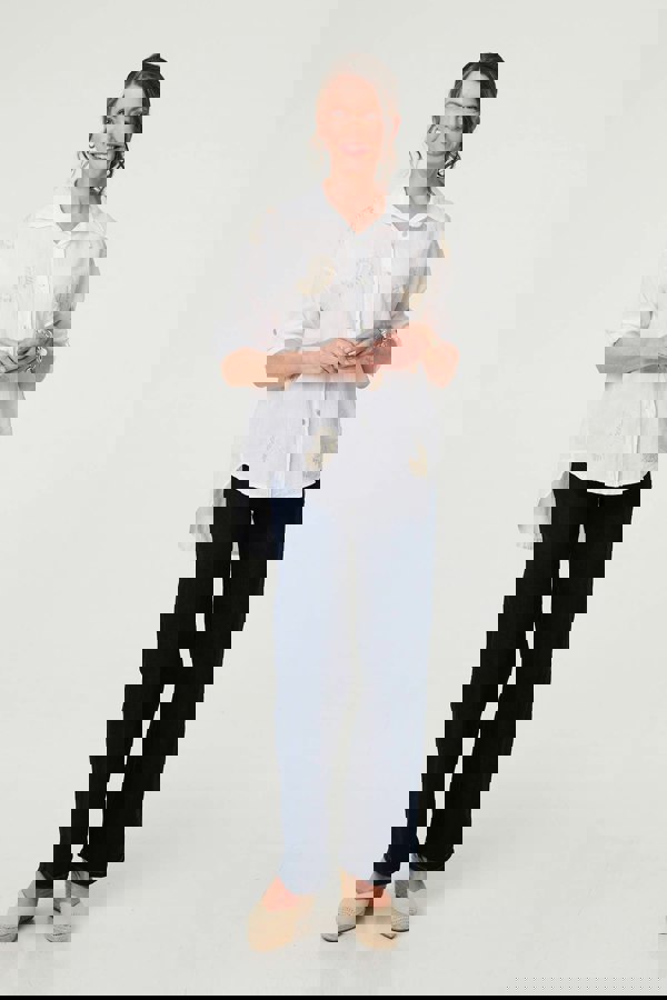 White | Embroidered 3/4 Turn-Up Sleeve Shirt
