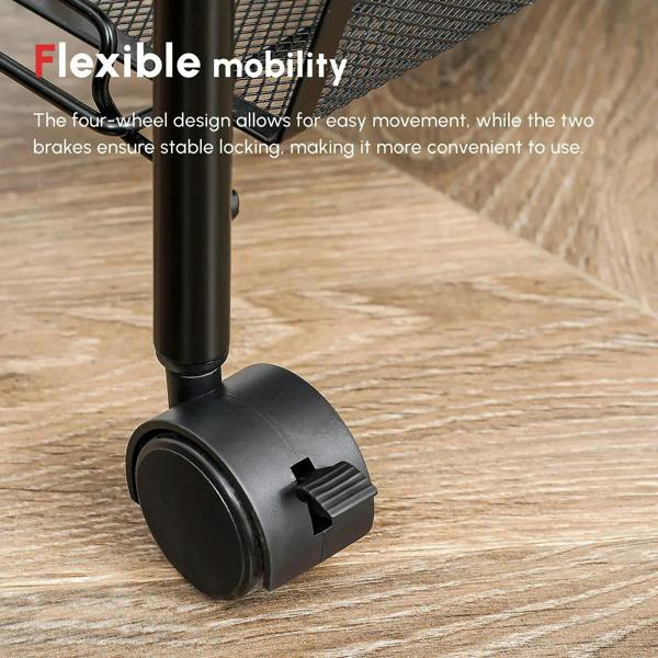 Black caster wheel with locking mechanism on steel mesh trolley base