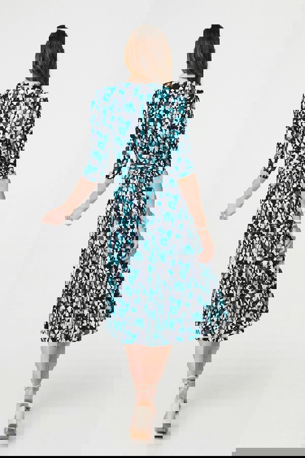 Blue | Printed 3/4 Sleeve V-Neck Midi Wrap Dress
