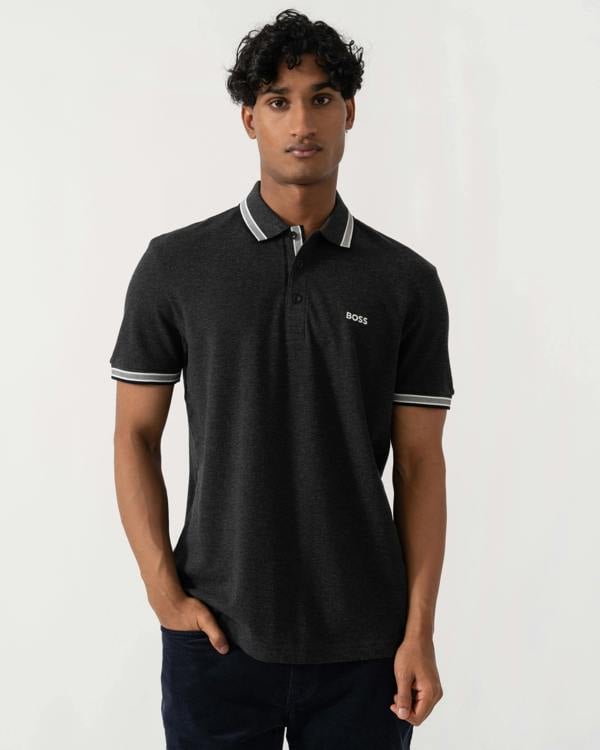 Front of BOSS Green Paddy Mens Cotton-Piqué Polo Shirt with Contrast Logo - Dark Grey 022