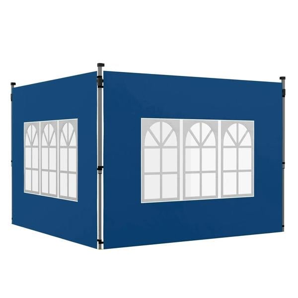 Set of 2 blue gazebo side panels with white arched window panels and metal frame.