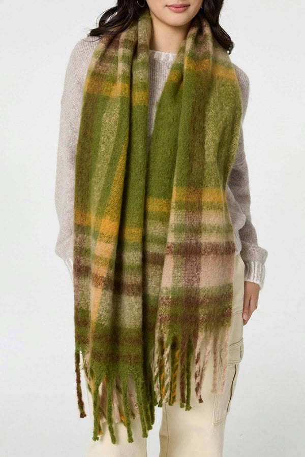 Green | Checked Print Fringed Oversized Scarf
