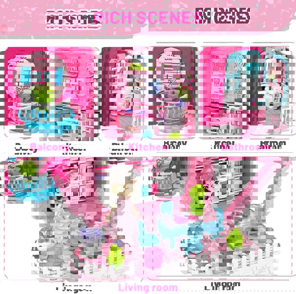 deAO Toys 3-in-1 Pink Dollhouse & Kitchen Playset – Portable Toy with Carry Backpack Pretend Play Gift for Girls Ages 3-8 Christmas & Birthday Present