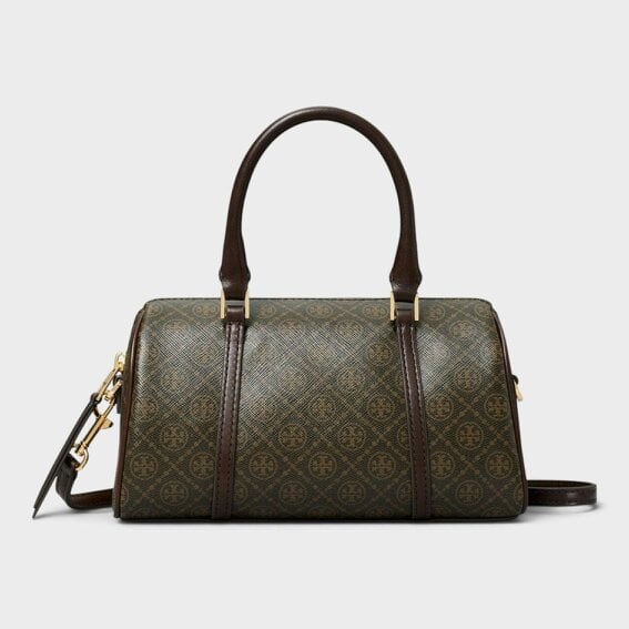 Tory Burch T Monogram Coated Canvas Mini Barrel Bag French Press Brown