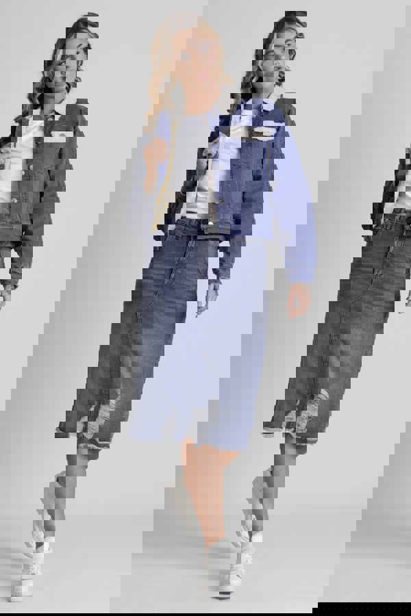 ENORSIA Mid Blue Borg Collar Cropped Denim Jacket