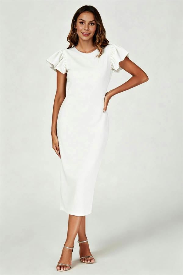 FS Collection Volume Sleeve Bodycon Midi Dress In White