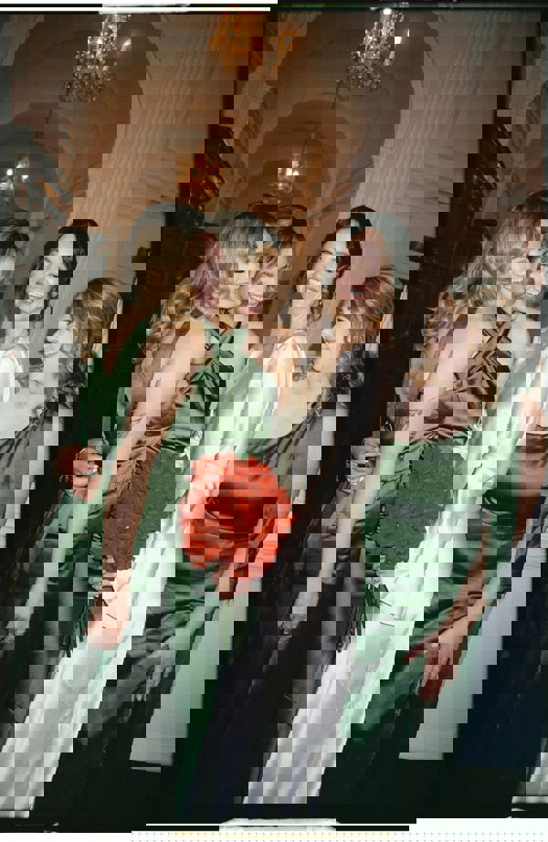 Rewritten London Roma Dress in Olive Green Satin