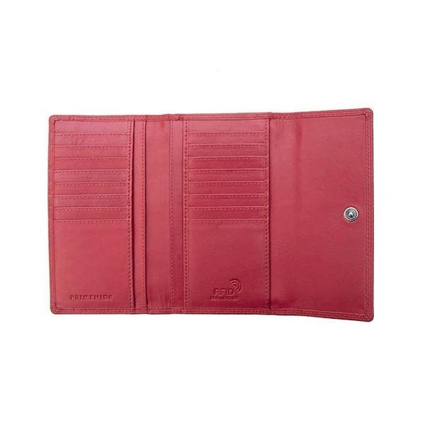 Red wallet with multiple card slots on a white background