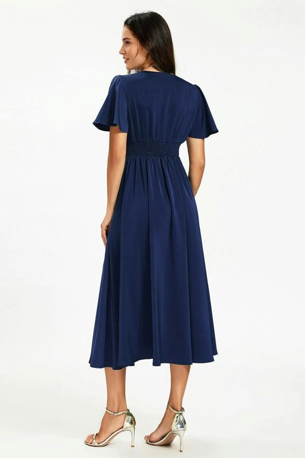 FS Collection Satin V neckline Button Detail Dress In Navy