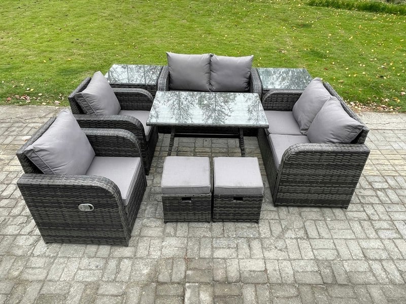 Fimous 8 Seater Dark Grey Mixed PE Wicker Rattan Outdoor Dining Set - Rectangular Dining Table, 2 Side Tables & 2 Footstools