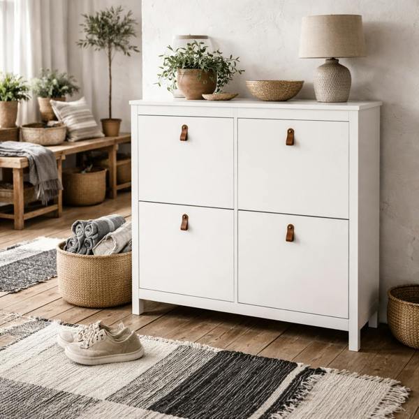 Wyld Haus Wildberry Matt White Wooden Shoe Cabinet 4 Flip Down Doors Leather Handles