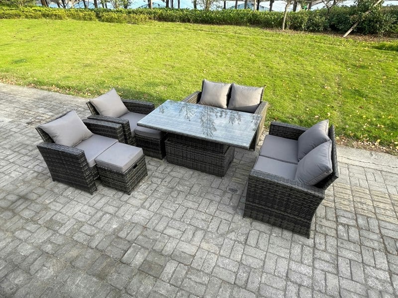 Fimous Rattan Garden Furniture Sets Patio Outdoor Rising Lifting Table Sofa Set with Double Seat Sofa 2 Small Footstools Dark Grey Mixed