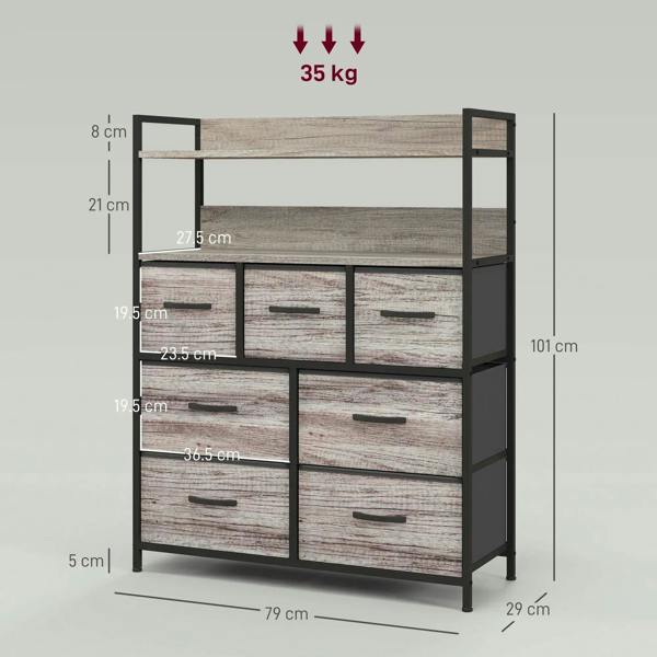 Grey wood-effect seven-drawer cabinet with visible dimensions and weight label