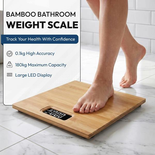 Purefit Digital Bathroom Scale for Measuring Body Weight - Bamboo Ultra Slim, Smart Scale with LED Display-Battery Included LB/KG/ST Max Weight 180KG