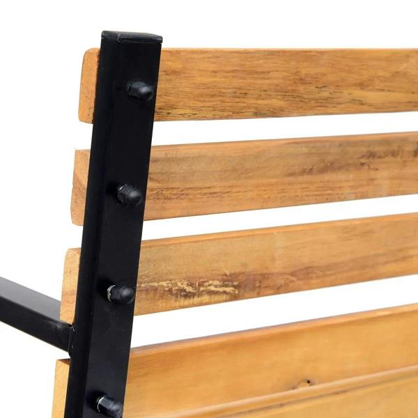 Close-up of black end post and natural wood slats on 2-seat garden bench