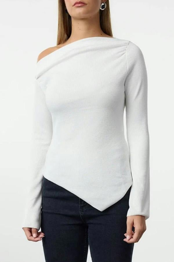 WOVCOR Draped Boat Neck Asymmetrical Long Sleeve Knit Blouse