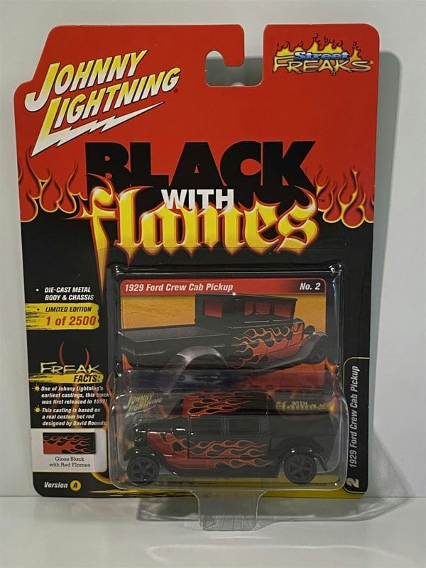 1929 ford crew cab pickup black with red flames johnny lightning 1:64 jlsp017a