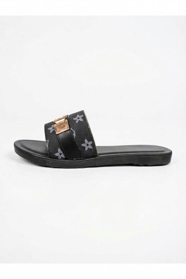 Amber Patterned Slider Sandals - Black_wb