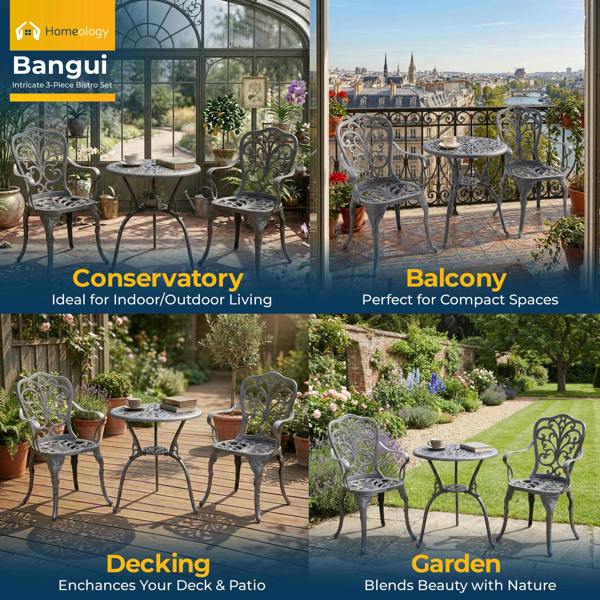 Homeology BANGUI Grey Luxurious Garden and Patio Table and 2 Large Chairs with Armrests Cast Aluminium Bistro Set