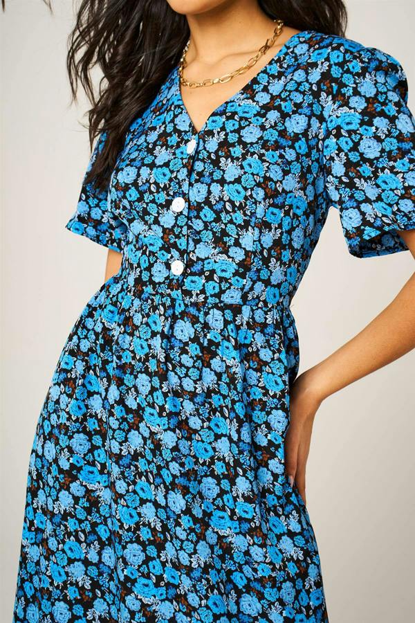FS Collection Floral Print Button Front Midi Dress In Royal Blue