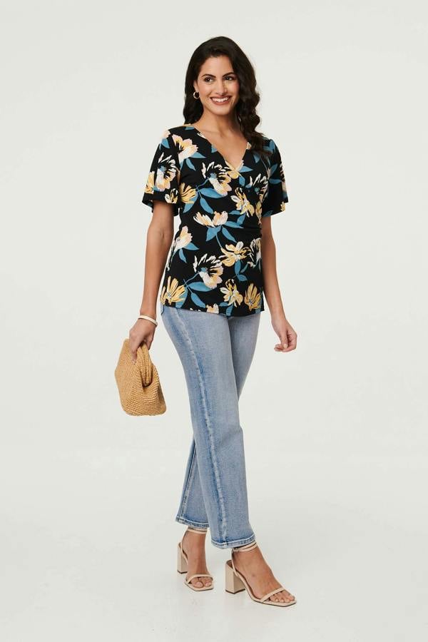 Black | Floral Short Angel Sleeve Wrap Front Top
