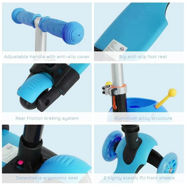 Blue kids scooter detail: anti-slip handle cover, footrest, rear brake, and wheels