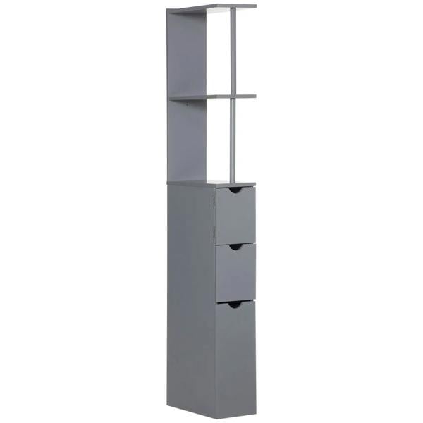 Grey freestanding tall bathroom cabinet with open shelves and two drawer units.