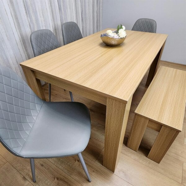 Kosy Koala Wooden Dining Table Set for 6 Oak Effect Table With 4 Grey Gem Patterned  Chairs and 1 Bench