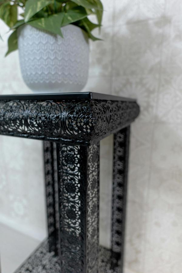 Downton Interiors Black Embossed Metal Mirrored Glass Side Table with Shelf - Agadir range