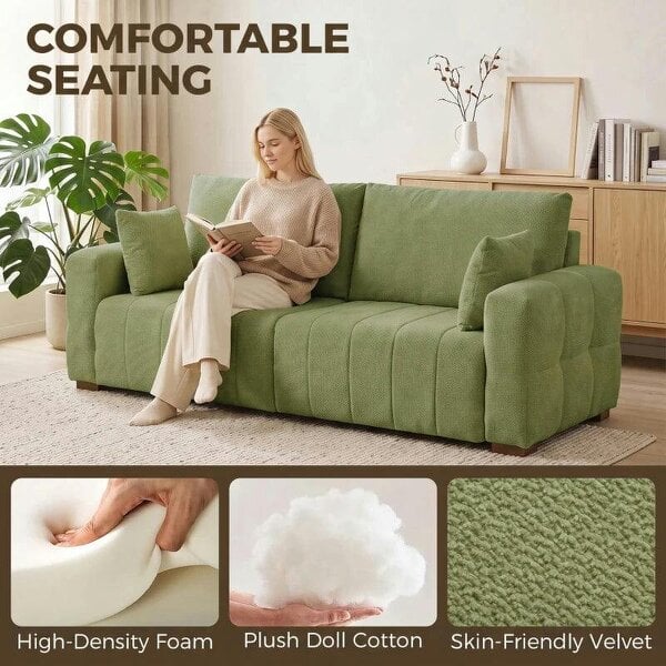 3 Seater Sofa, Upholstered Velvet Couch for Bedroom with Pillows, Padded Cushion and Wood Legs, Green