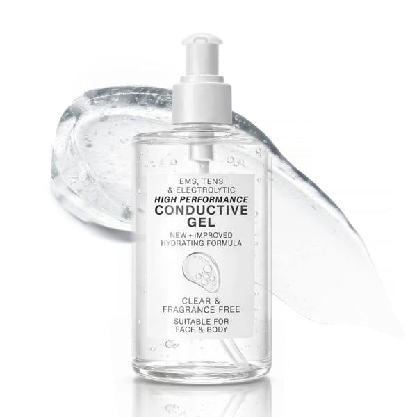 A clear pump bottle labeled Rio EMS, TENS, Electrolytic & Micro-Current Toning Conductive Gel 250ml stands before a smear of gel. The label highlights its fragrance-free, hydrating formula, suitable for both face and body.