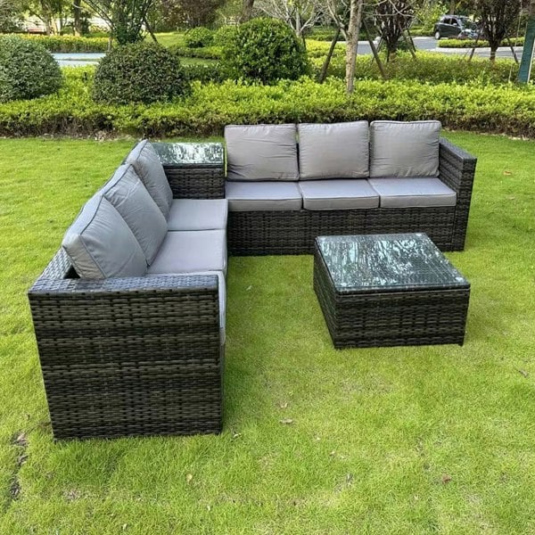Furniture One Rattan Corner 6 Seater Sofa Set, Padded Garden Lounge Set with Side Table & Tempered Glass Coffee Table