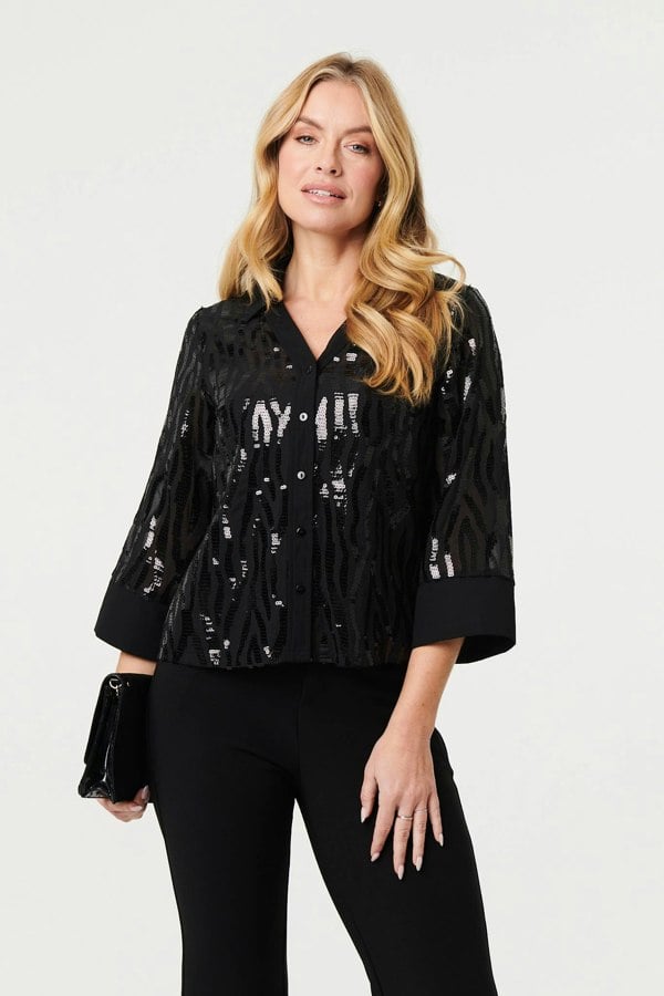 Black | Sequinned Semi Sheer 3/4 Sleeve Shirt

