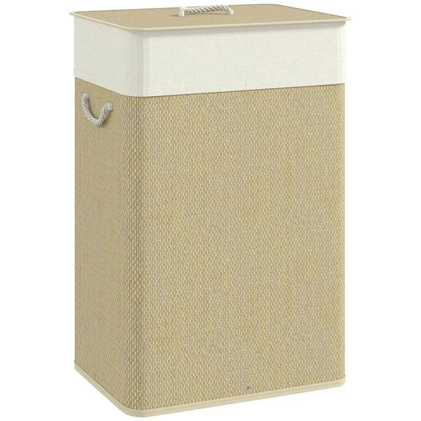 Bamboo laundry hamper with lid, removable beige fabric liner and rope handles