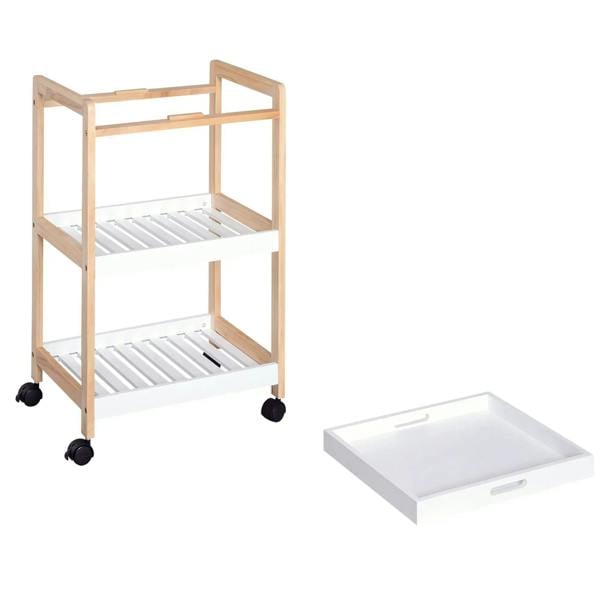 3-tier kitchen trolley cart with white slatted shelves and removable tray, shown with detached tray