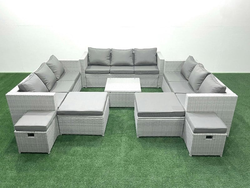 Fimous Rattan Garden Outdoor Furniture Set 13 Seater Rattan Garden Sofa Set with 4 Footstools Light Grey Mixed